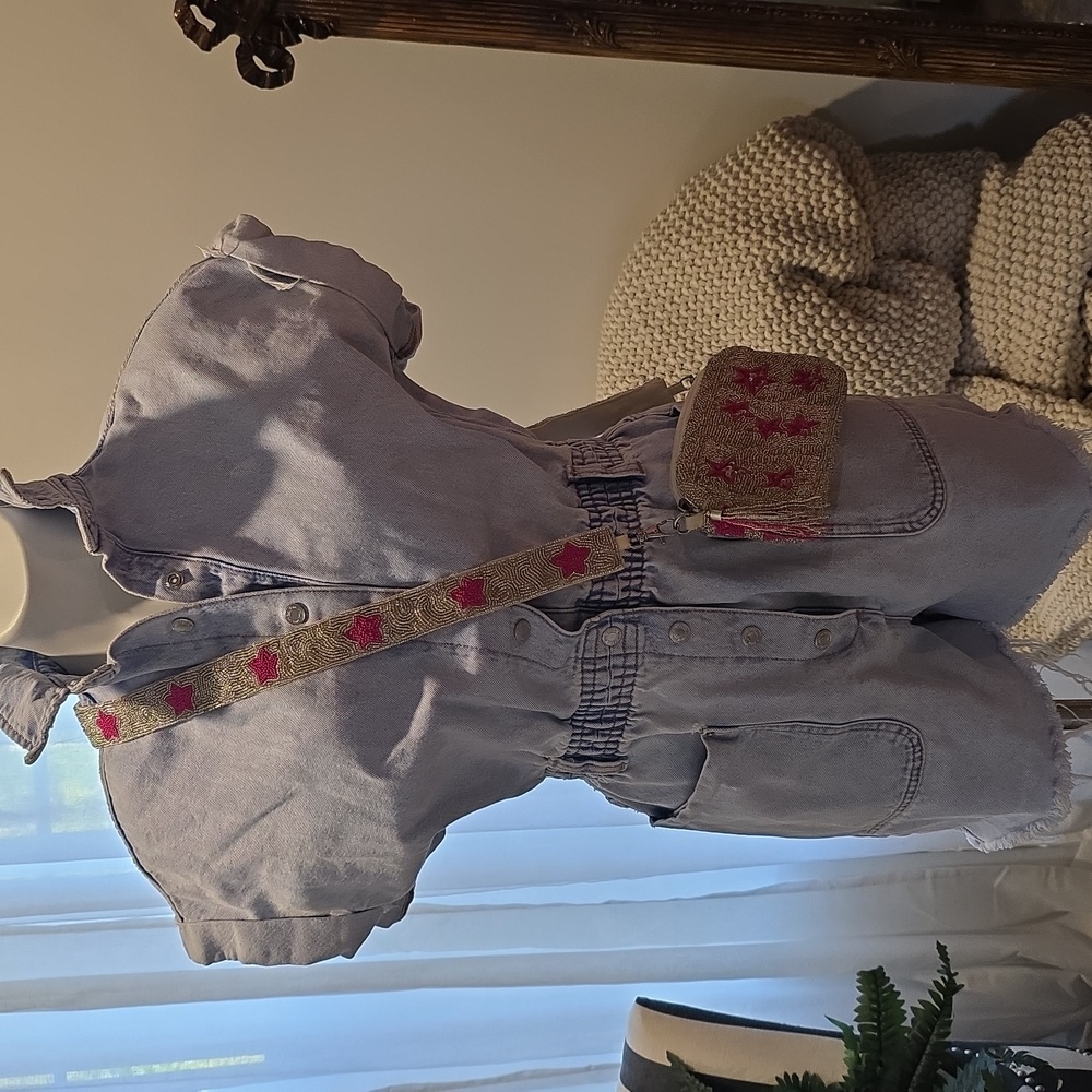 BNWOT Zara acid wash denim short sleeve romper + Beaded Crossbody!